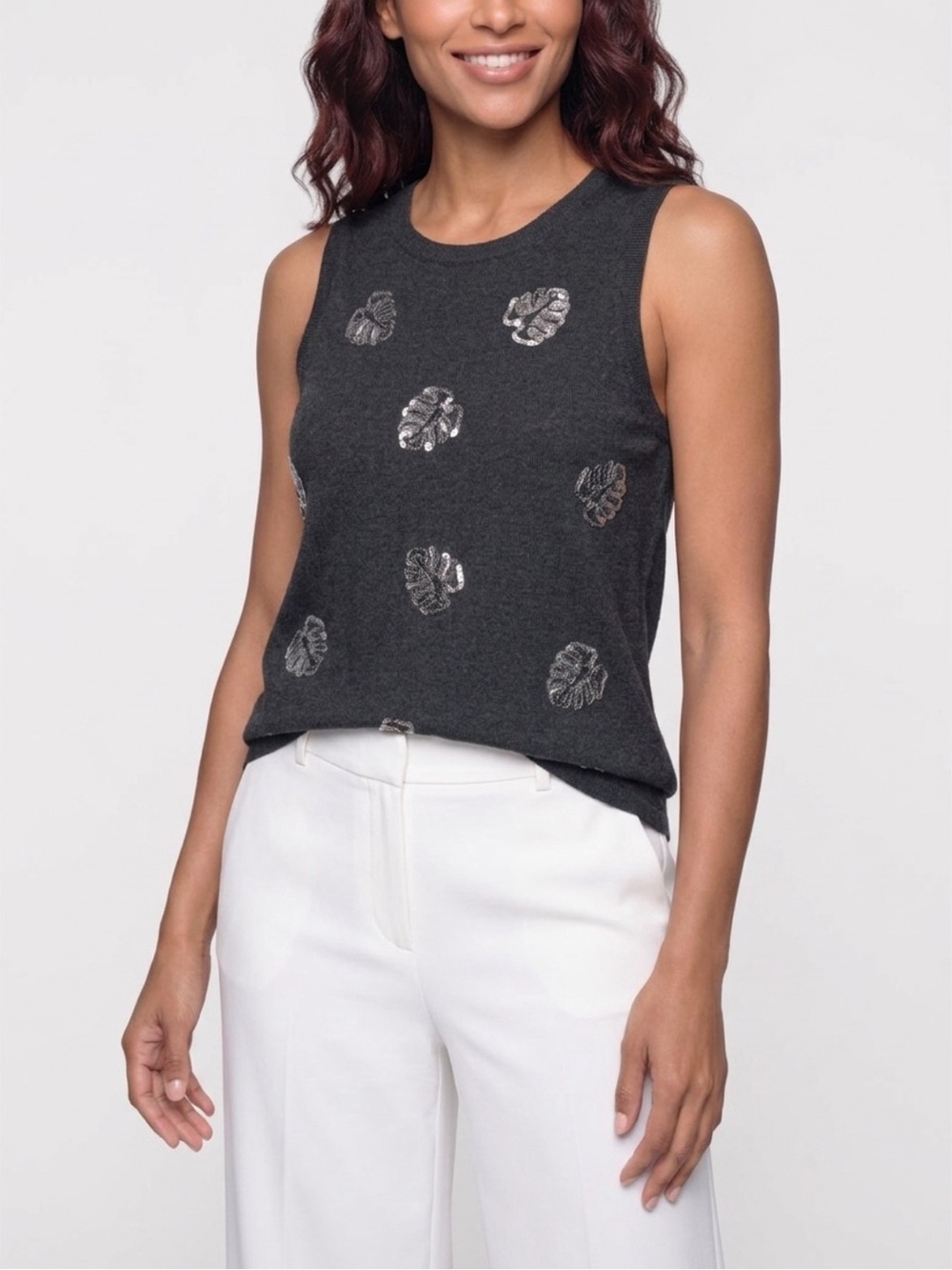 Tommy Bahama Black Tank Top with Metallic Leaf Embellishments
